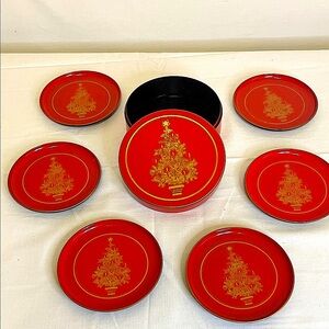 OTAGIRI Vibrant Red Christmas Tree Coaster Set with Gold Design